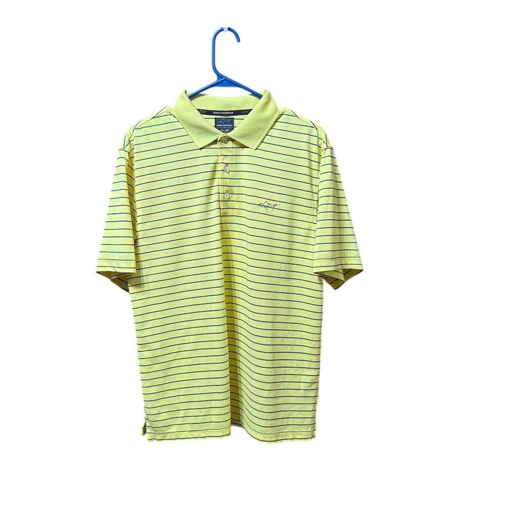 Greg Norman Polo Shirt Mens M Yellow Blue Striped Shark Logo Golf Play Dry